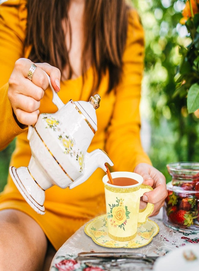 Fairooth 24 Sets Floral Paper Tea Cups and Saucers Disposable Tea Party Supplies Colorful Flower Teacups with Handle and Plates for Hot Cold Drink Wedding Birthday Party Baby Shower - Image 5